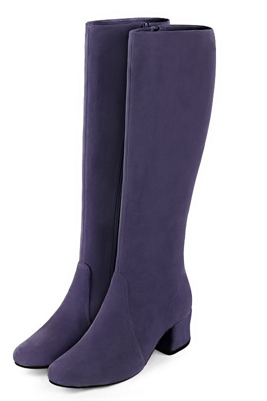Lavender purple women's feminine knee-high boots. Round toe. Low flare heels. Made to measure. Front view - Florence KOOIJMAN